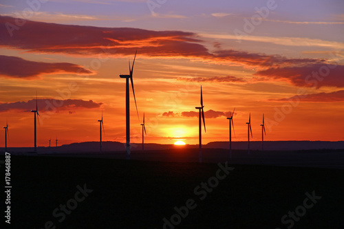 Éoliennes dans le soleil couchant. 