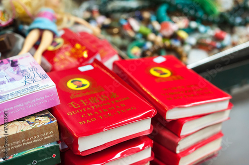 Chairman Mao's Little Red Book on sale at Upper Lascar Row street market, Sheung Wan, Hong Kong