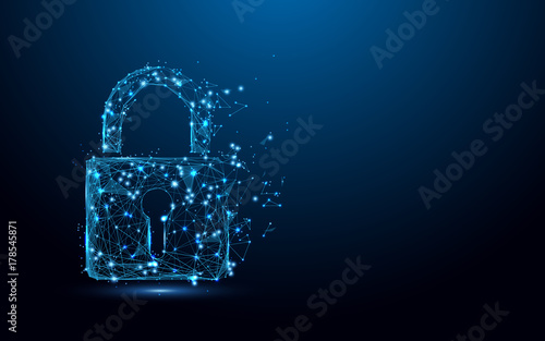 Cyber security concept. Lock symbol from lines and triangles, point connecting network on blue background. Illustration vector © pickup