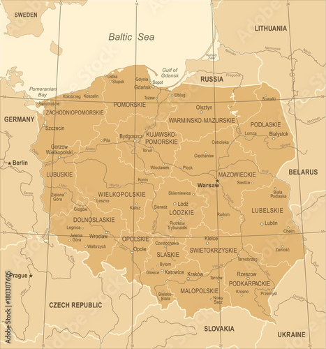 Obraz Fotograficzny Poland Map - Vintage Vector Illustration