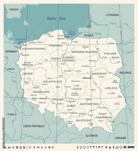 Obraz Fotograficzny Poland Map - Vintage Vector Illustration