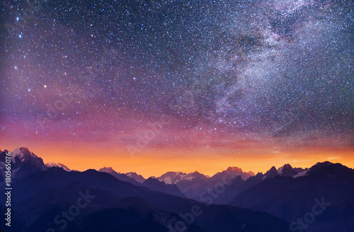 Fantastic starry sky. Thick fog on the mountain pass Goulet. Georgia, Svaneti. Europe