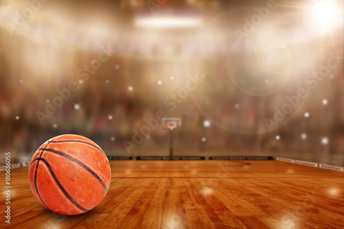 arena-de-baloncesto-ficticio-con-pelota-en-la-cancha-y-espacio-de-copia-destellos-de-camara-y-destello-de-lente-efecto-de-iluminacion-especial-sobre-fondo-desenfocado