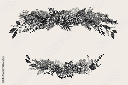 Winter set. Floral christmas compositions. Evergreen, cone, succulents, flowers, leaves, berries. Botanical vector vintage illustration. Black and white © olga250