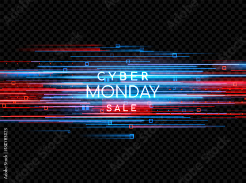 Cyber Monday. Promotional online sale event. Vector technology illustration. Neon light sign with with neon lines, geometric figures. Futuristic label design. Luminous cyber hologram