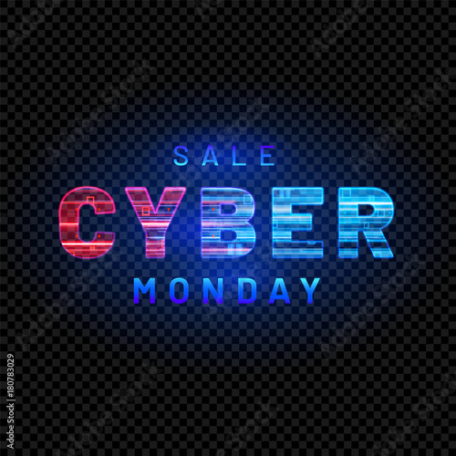 Cyber Monday. Promotional online sale event. Vector technology illustration. Textured neon light sign with with neon lines, geometric figures. Futuristic label design. Luminous cyber hologram