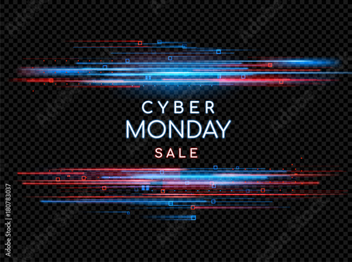 Cyber Monday. Promotional online sale event. Vector technology illustration. Neon light sign with with neon lines, geometric figures. Futuristic label design. Luminous cyber hologram