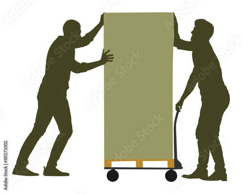 Hard workers pushing wheelbarrow and carry big box vector silhouette illustration isolated on white background. Delivery man moving package by cart. Service moving transport. Warehouse job activity.
