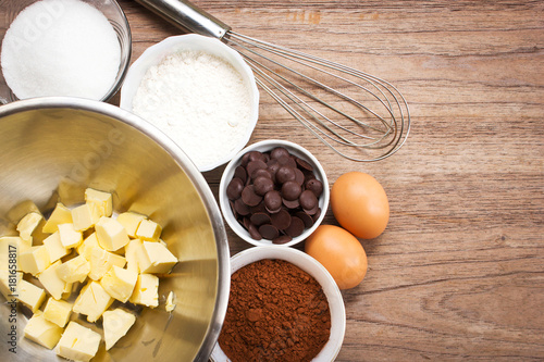 Bakery Ingredients Ingredient Of Brownie On Wooden Background Top