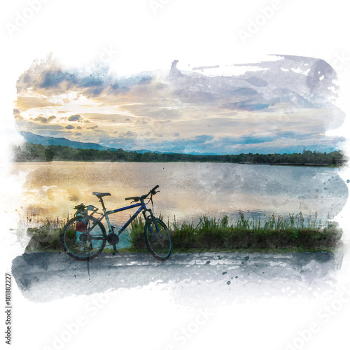 Plakat foto Mountain bike parked beside the lake with mountain and beautiful sky background. Watercolor painting (retouch).