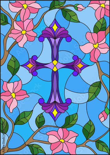 stained-glass-illustration-with-a-purple-christian-cross-in-the-sky-and-pink-flowers