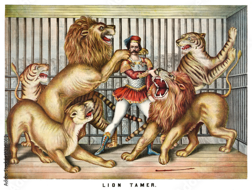 Brave lion tamer surrounded by hungry beasts in a cage. Old illustration by unidentified author, publ. in Cincinnati, 1873
