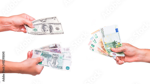 Hands Exchange Rubles And Dollars For Euros People Hands Exchange Rubles And Dollars For Euros People Currency Transmit Money