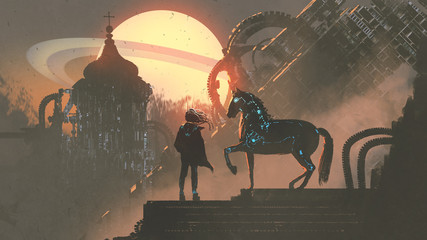 Fotoroleta the man and his mechanized horse standing on rooftop building in futuristic planet, digital art style, illustration painting