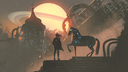 Naklejka the man and his mechanized horse standing on rooftop building in futuristic planet, digital art style, illustration painting