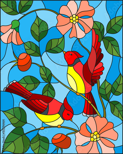 illustration-in-stained-glass-style-with-two-red-birds-on-the-branches-of-blooming-wild-rose-on-a-background-sky