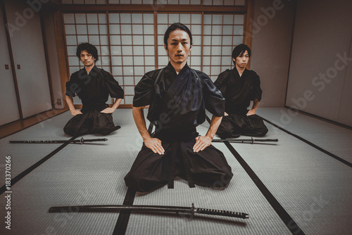 Samurai training in a traditional dojo, in Tokyo