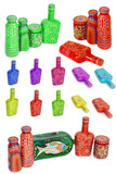 many different bottles, painted dot painted on isolated background. 