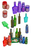 many different bottles, painted dot painted on isolated background. 