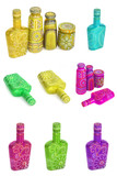 many different bottles, painted dot painted on isolated background. 