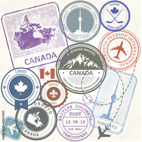 Canada travel stamps set - journey symbols of Toronto, Canada and Quebec