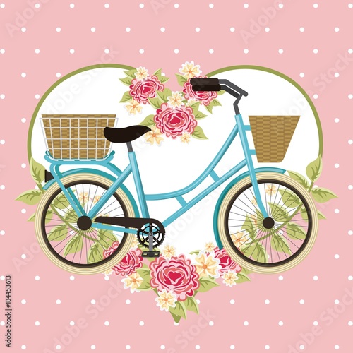 Plakat foto vintage bike basket flowers heart decoration vector illustration