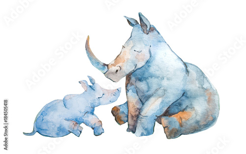 Obraz na płótnie Cute little rhinoceros with his mom isolated on white background.