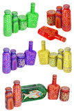 many different bottles, painted dot painted on isolated background. 