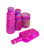 many different bottles, painted dot painted on isolated background. 