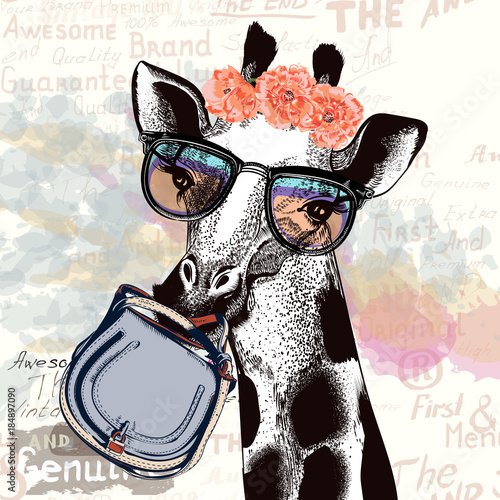 Obraz na płótnie Fashion illustration with giraffe in hipster glasses holding female bag