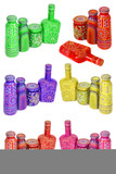 many different bottles, painted dot painted on isolated background. 