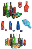 many different bottles, painted dot painted on isolated background. 