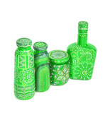 many different bottles, painted dot painted on isolated background. 