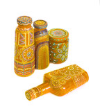 many different bottles, painted dot painted on isolated background. 