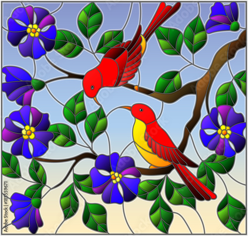 illustration-in-stained-glass-style-with-two-two-bright-red-birds-on-the-branches-of-blooming-wild-rose-on-a-background-sky