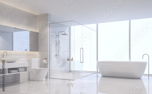 Modern white bathroom 3d rendering image. There are white tile wall and floor.The room has large windows. Looking out to see the scenery outside. © onzon