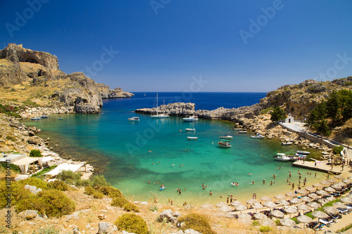 panoramic view of Lindos bay, Rhodes island, Greece © larcobasso