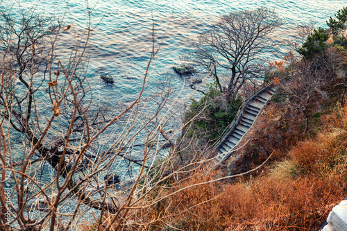Obraz na płótnie Stairway to the sea in the autumn landscape