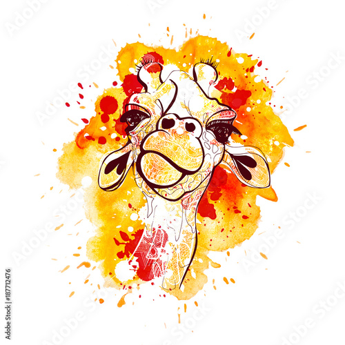 Obraz na płótnie Giraffe vector illustration for t-shirt. Portrait of safari giraffe with watercolored background and splashes