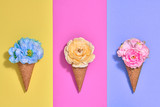 Ice Cream Cone Set with Flowers. Trendy fashion Style. Spring Summer Floral concept. Creative Minimal. Colorful Neon Design. Pop Art