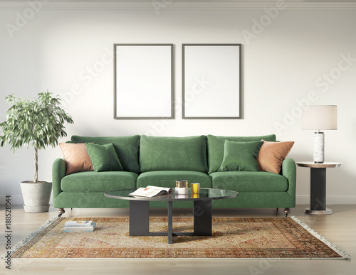 Classic elegant luxury white interior with a classic green sofa © Mihalis A.
