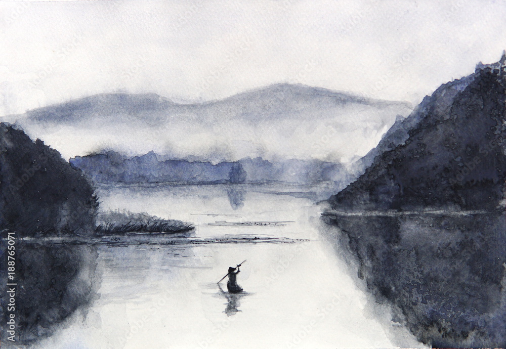 aquarell-fischerboot-und-insel-mit-bergen-traditioneller-orient-asien-kunststil