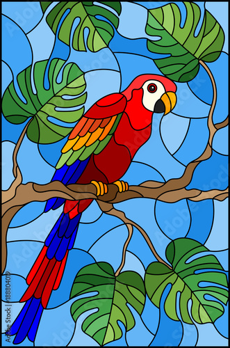 illustration-in-stained-glass-style-bird-parakeet-on-branch-tropical-tree-against-the-sky