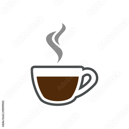 Icono plano cafe humeante gris y marron en fondo blanco