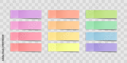 Vector colorful sticky notes, post stickers with shadows isolated on a transparent background. Multicolor paper adhesive tape, rectangle empty office blanks, reminder lists. Great for banner