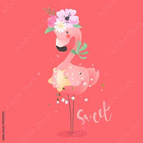 Cute Baby Safari Pink Flamingo Bird With Star Flowers Floral