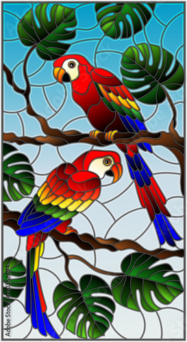 ilustracja-w-witrazu-stylu-z-para-ptakow-parakeet-na-galeziastym-tropikalnym-drzewie-przeciw-niebu