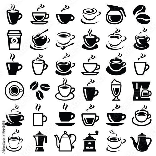 Coffee icon collection - vector outline illustration and silhouette