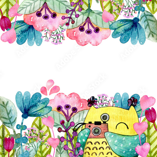 akwareli-smieszna-ilustracja-z-sowa-i-kwiatami