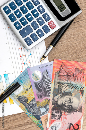 Concept Australian Dollar Graph Calculator Pen Close Up Concept Australian Dollar Graph Calculator Pen Close Up